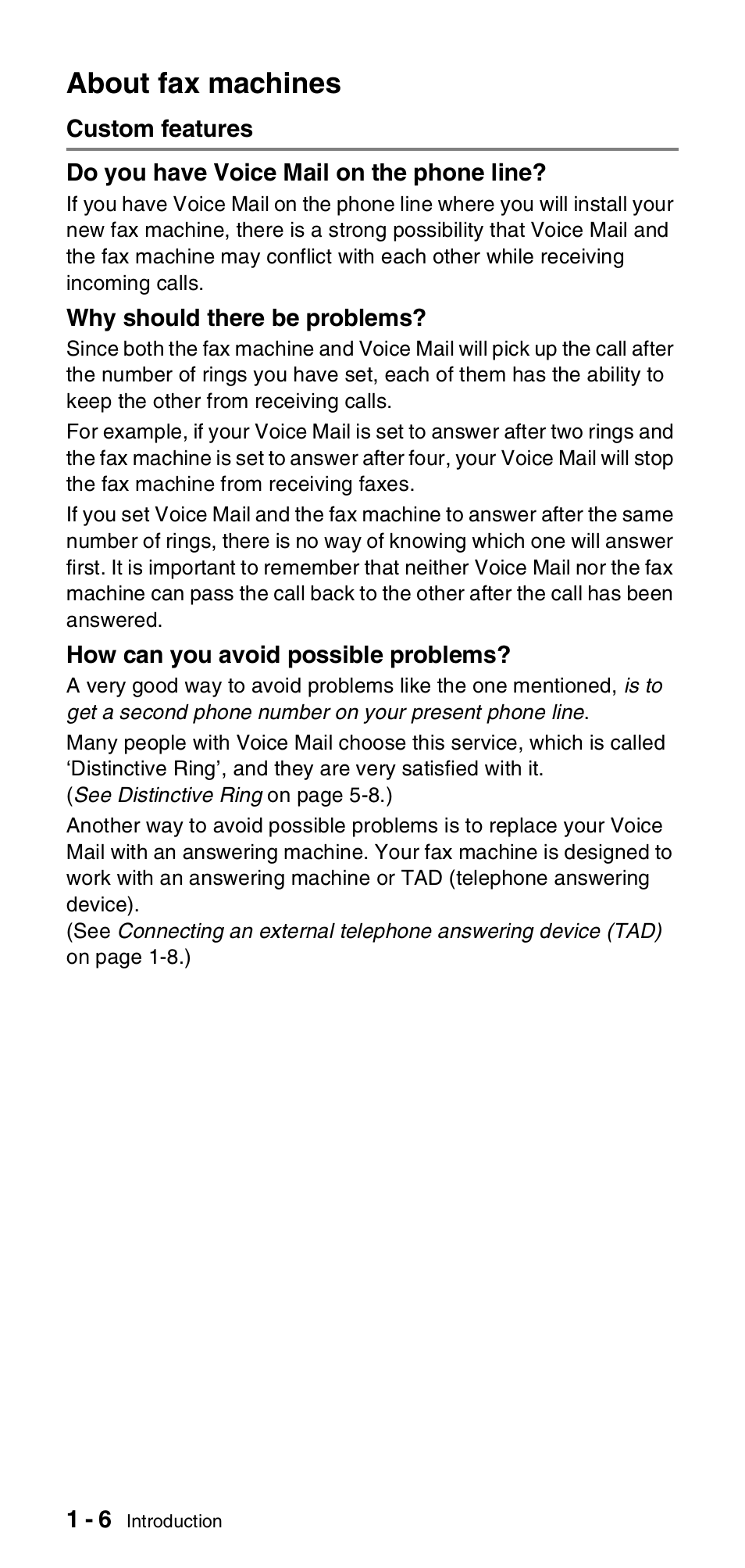 About fax machines, Custom features, About fax machines -6 | Custom features -6 | Brother FAX-575 User Manual | Page 22 / 114