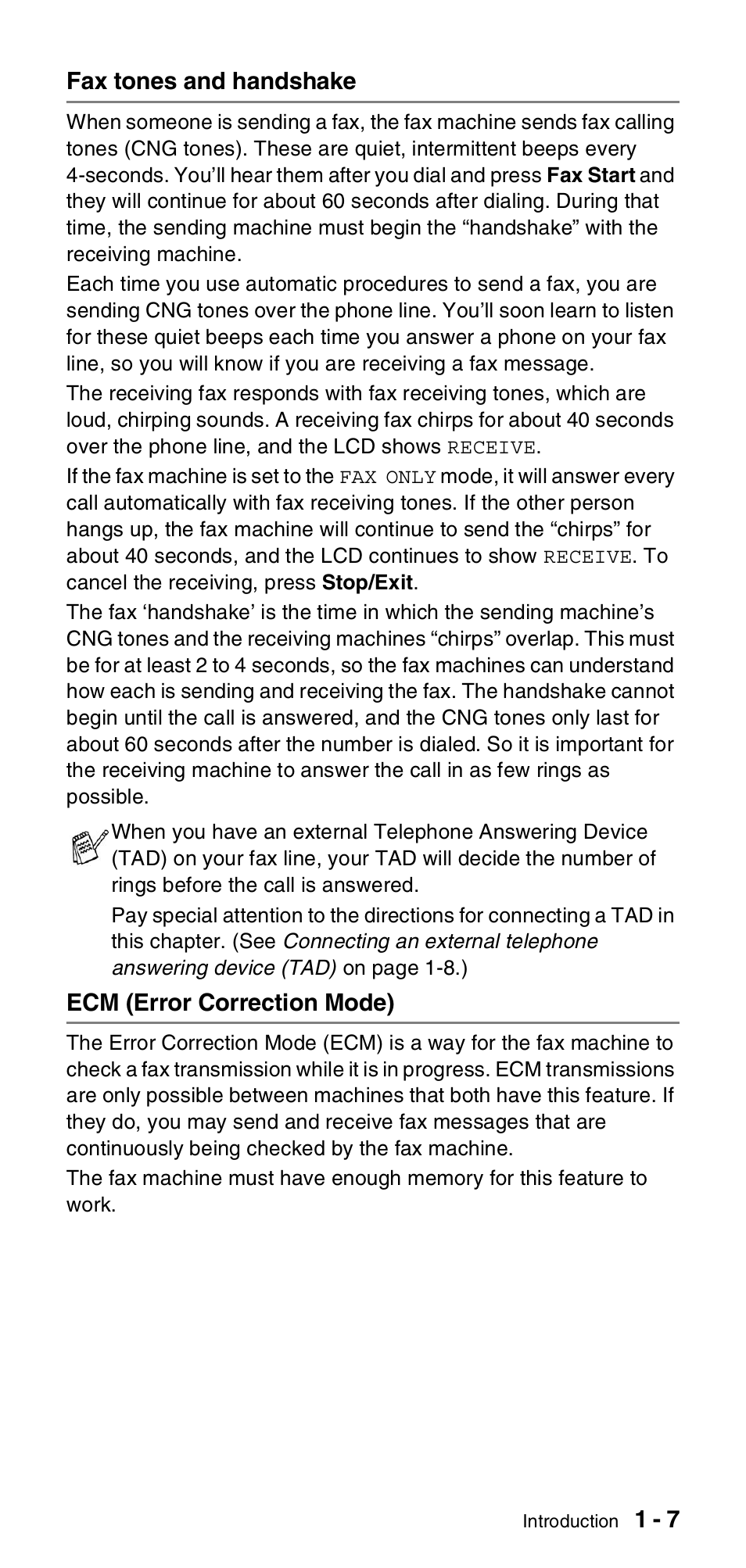 Fax tones and handshake, Ecm (error correction mode) | Brother FAX-575 User Manual | Page 23 / 114