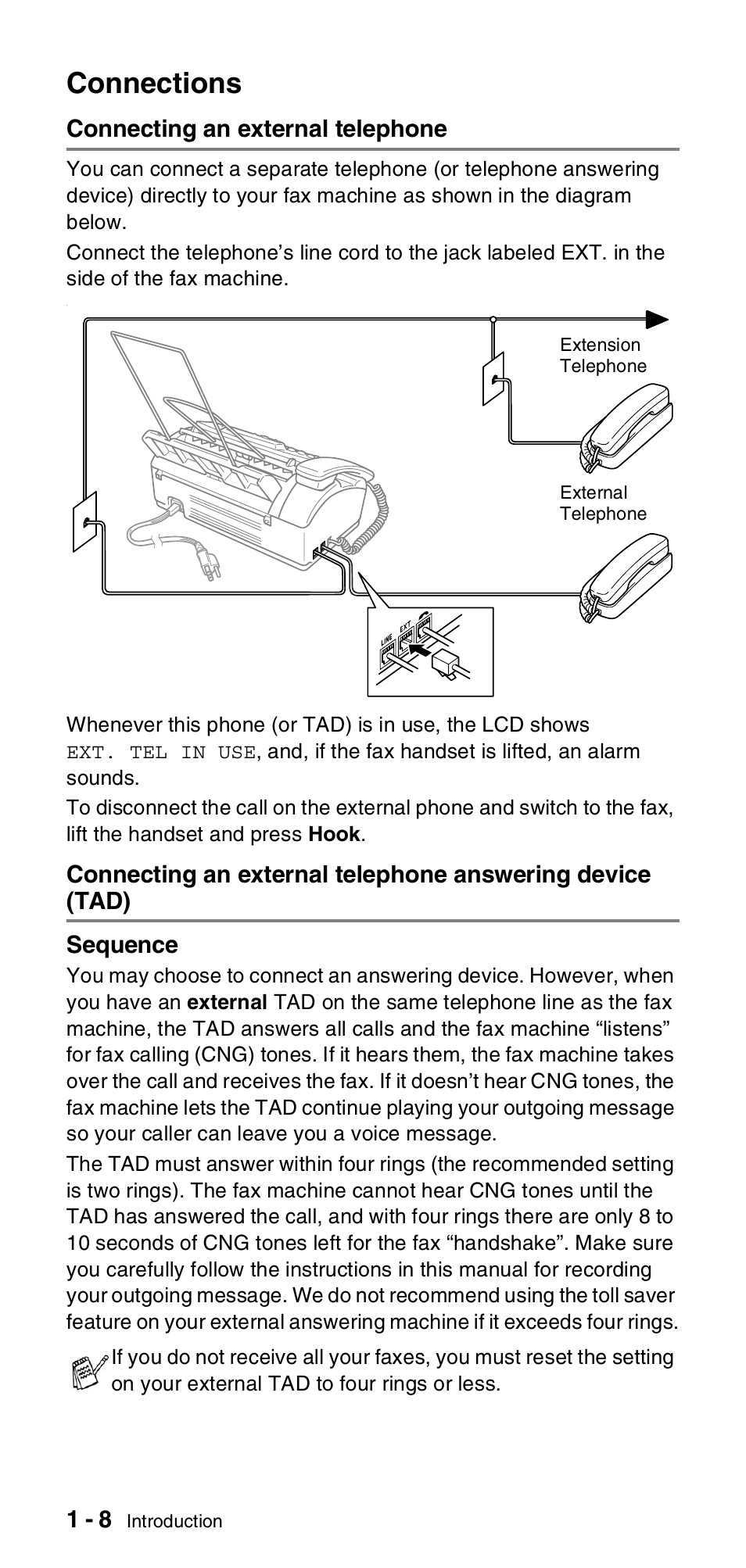 Connections, Connecting an external telephone, Connections -8 | Tad) -8 | Brother FAX-575 User Manual | Page 24 / 114