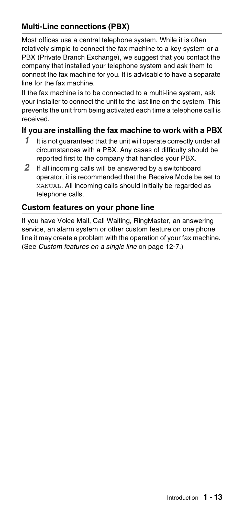 Multi-line connections (pbx), Custom features on your phone line | Brother FAX-575 User Manual | Page 29 / 114