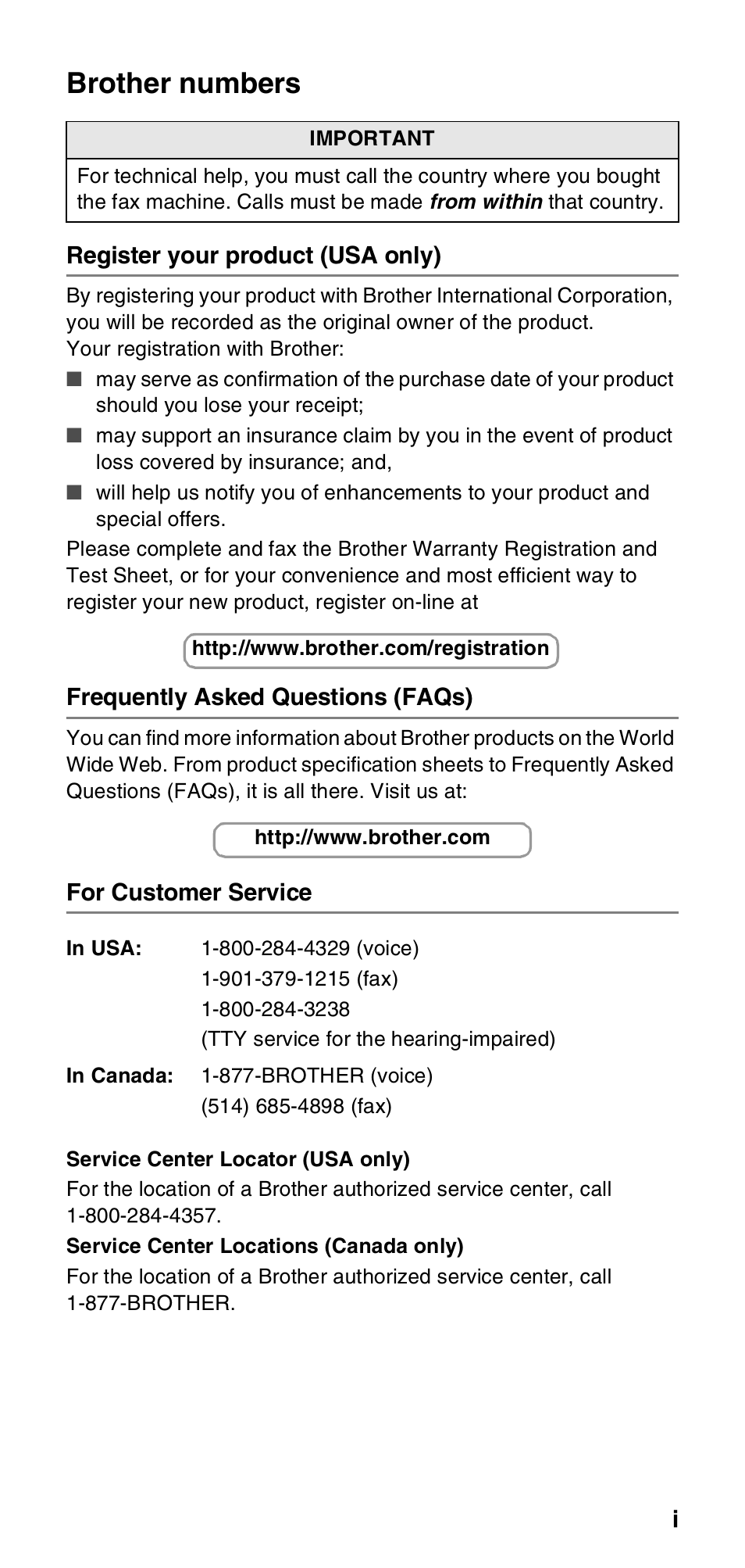 Brother numbers, Register your product (usa only), Frequently asked questions (faqs) | For customer service | Brother FAX-575 User Manual | Page 3 / 114