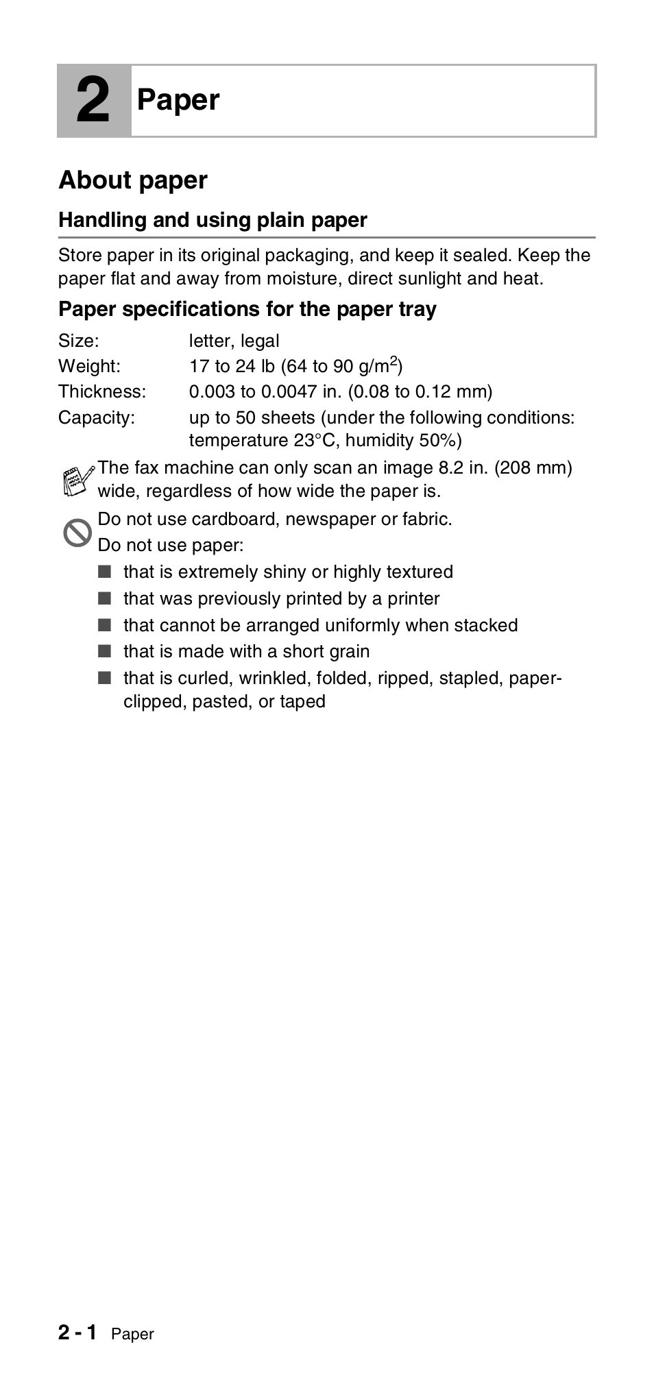 2 paper, About paper, Handling and using plain paper | Paper, About paper -1, Handling and using plain paper -1 | Brother FAX-575 User Manual | Page 30 / 114