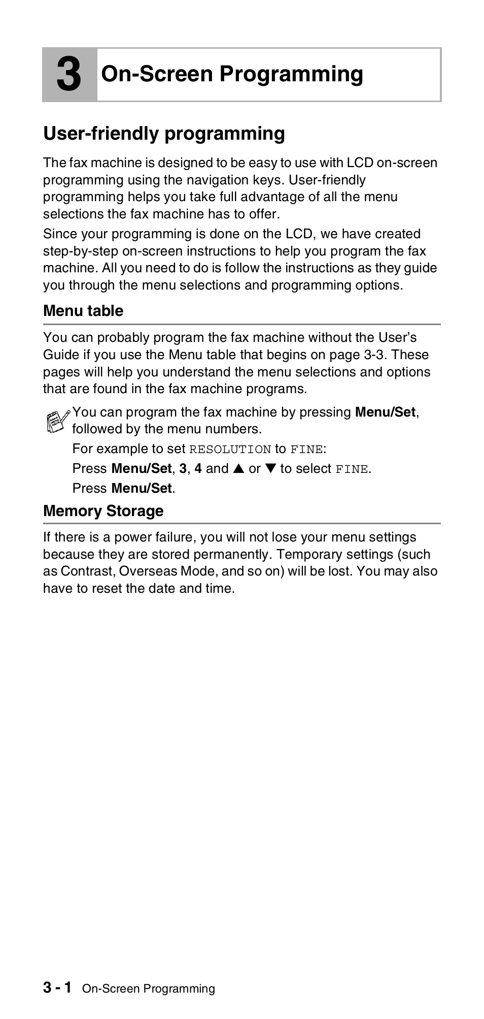 3 on-screen programming, User-friendly programming, Menu table | Memory storage, On-screen programming, User-friendly programming -1, Menu table -1 memory storage -1 | Brother FAX-575 User Manual | Page 32 / 114