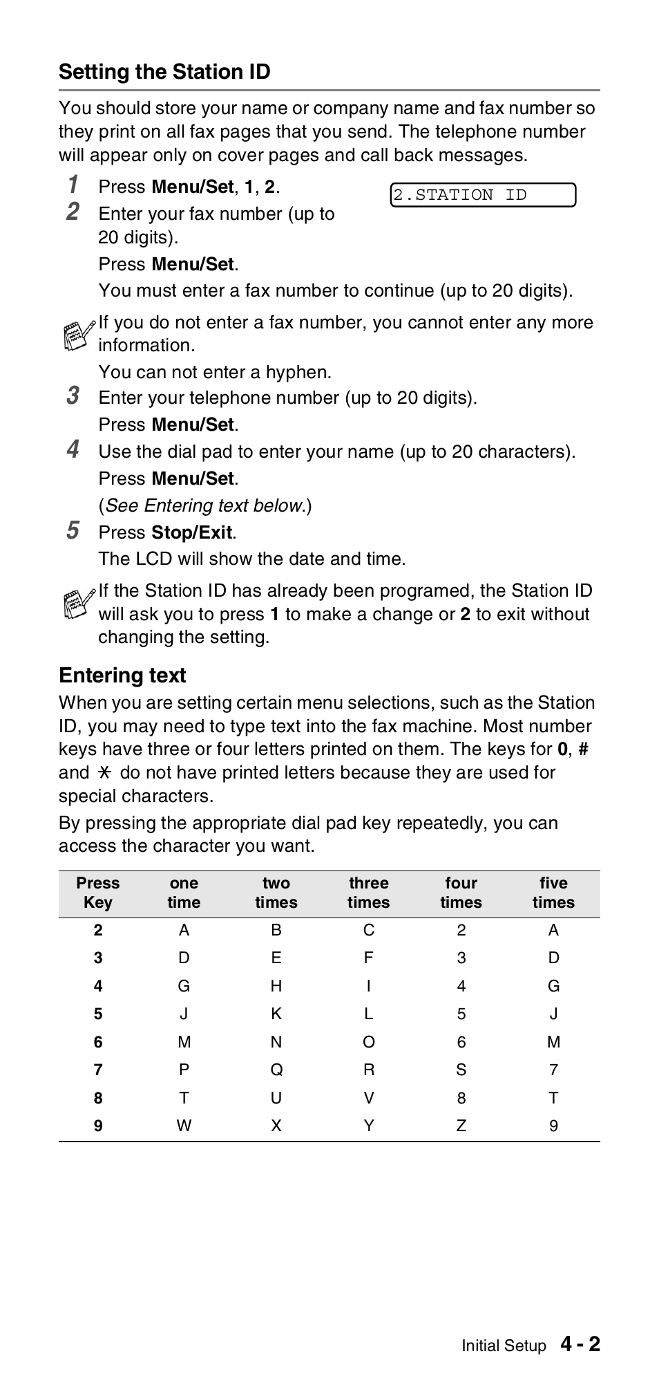 Setting the station id, Setting the station id -2, 4 - 2 setting the station id | Entering text | Brother FAX-575 User Manual | Page 39 / 114