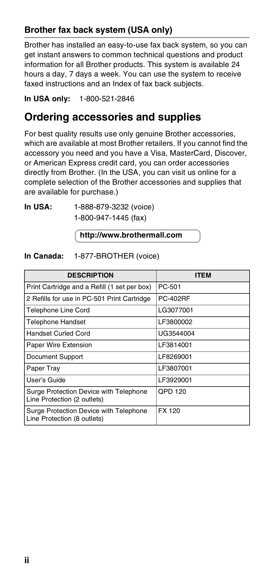 Brother fax back system (usa only), Ordering accessories and supplies, Ii brother fax back system (usa only) | Brother FAX-575 User Manual | Page 4 / 114