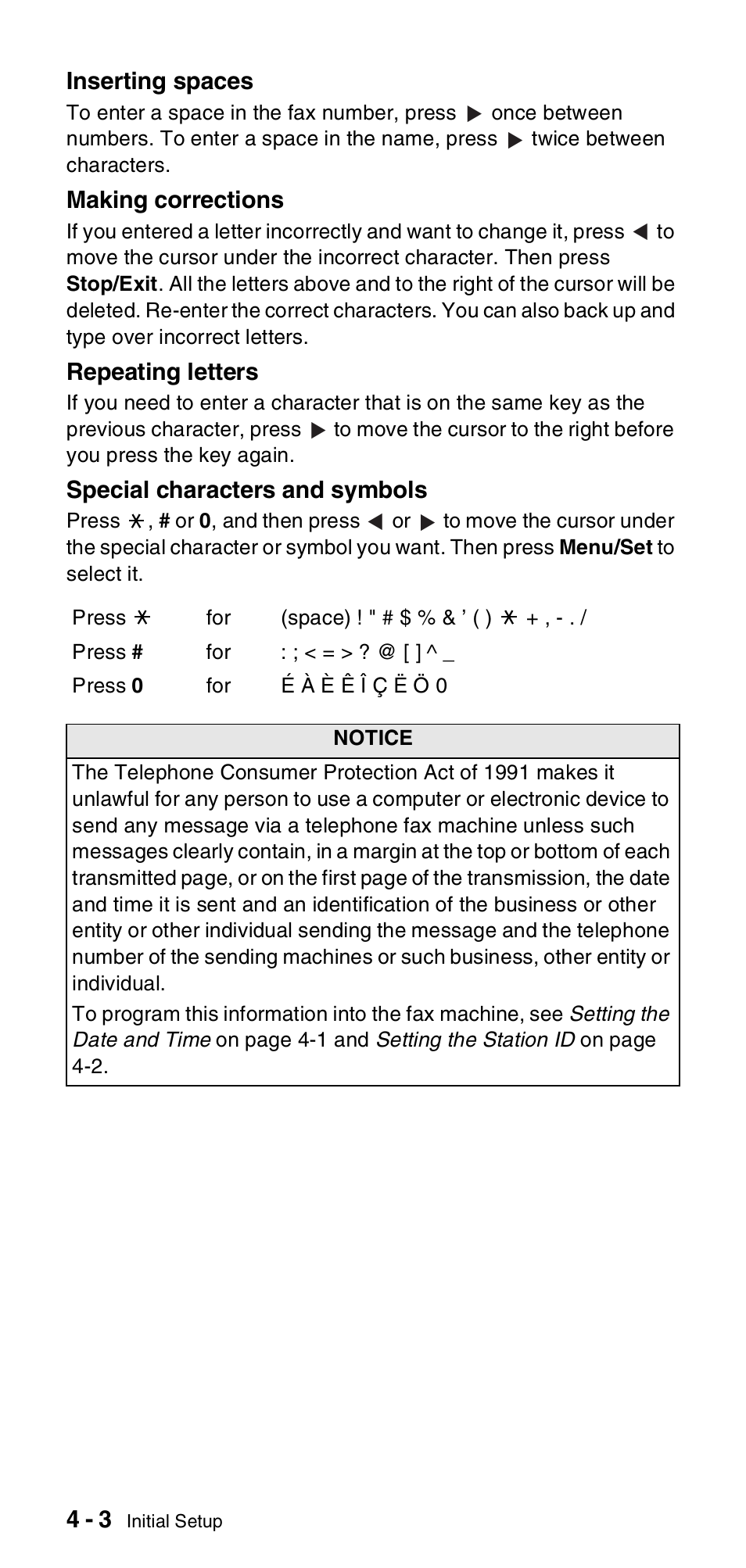 Inserting spaces, Making corrections, Repeating letters | Special characters and symbols | Brother FAX-575 User Manual | Page 40 / 114