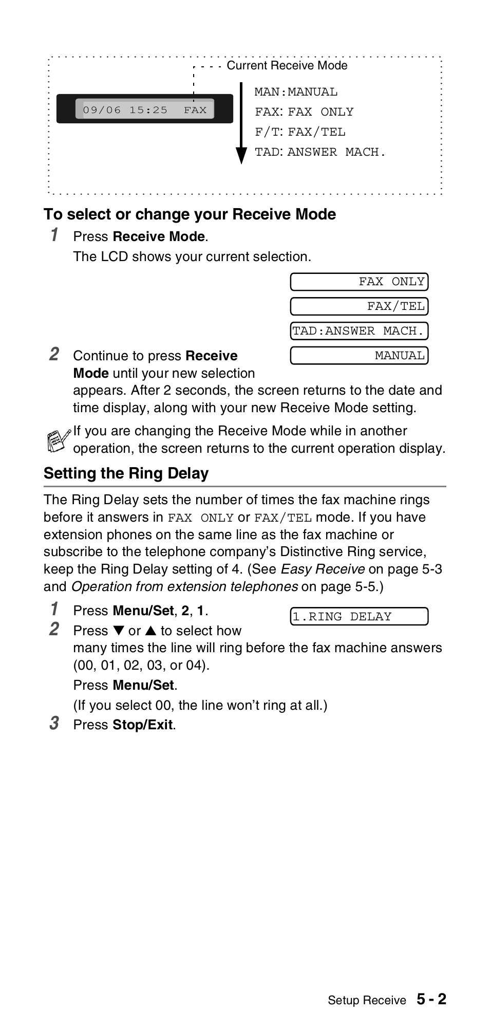 Setting the ring delay, Setting the ring delay -2 | Brother FAX-575 User Manual | Page 45 / 114