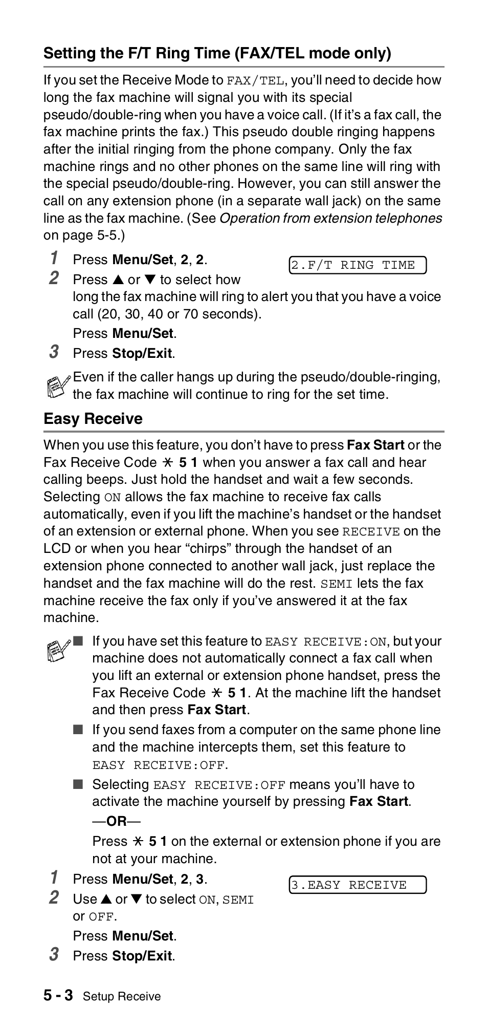 Setting the f/t ring time (fax/tel mode only), Easy receive | Brother FAX-575 User Manual | Page 46 / 114