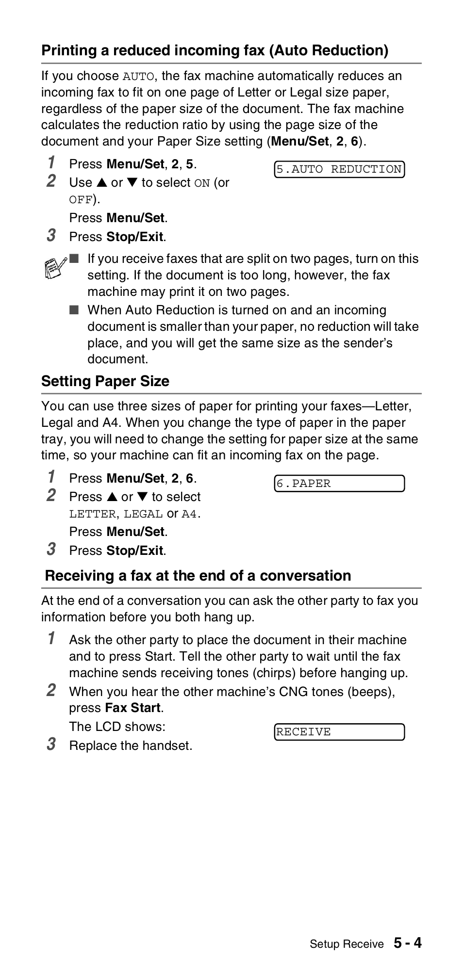 Printing a reduced incoming fax (auto reduction), Setting paper size, Receiving a fax at the end of a conversation | Brother FAX-575 User Manual | Page 47 / 114