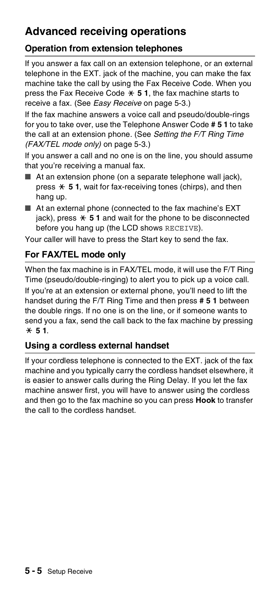 Advanced receiving operations, Operation from extension telephones, For fax/tel mode only | Using a cordless external handset, Advanced receiving operations -5 | Brother FAX-575 User Manual | Page 48 / 114