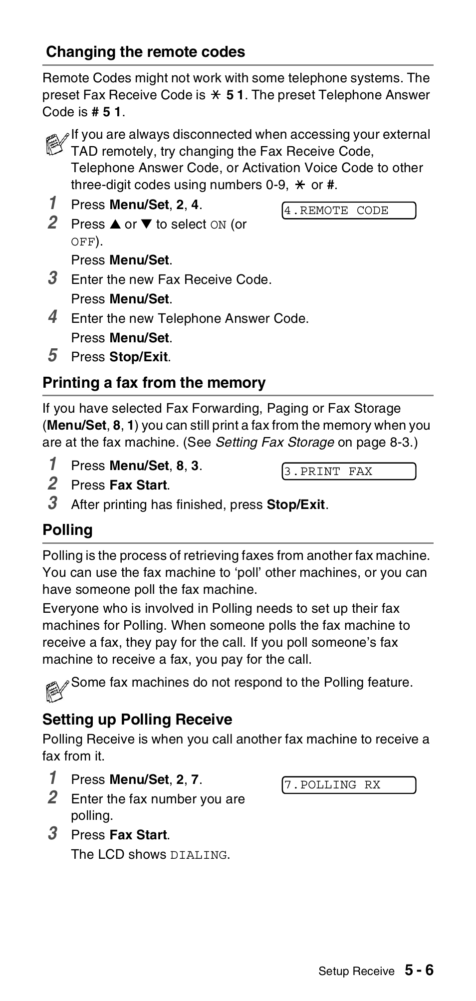 Changing the remote codes, Printing a fax from the memory, Polling | Brother FAX-575 User Manual | Page 49 / 114