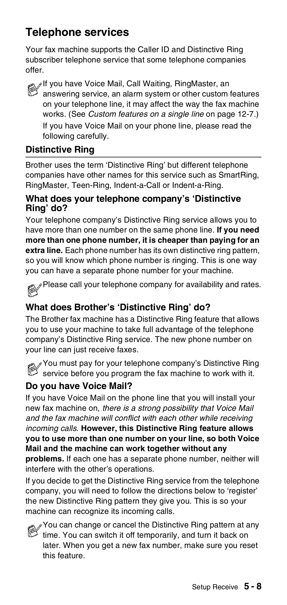 Telephone services, Distinctive ring, Telephone services -8 | Distinctive ring -8 | Brother FAX-575 User Manual | Page 51 / 114