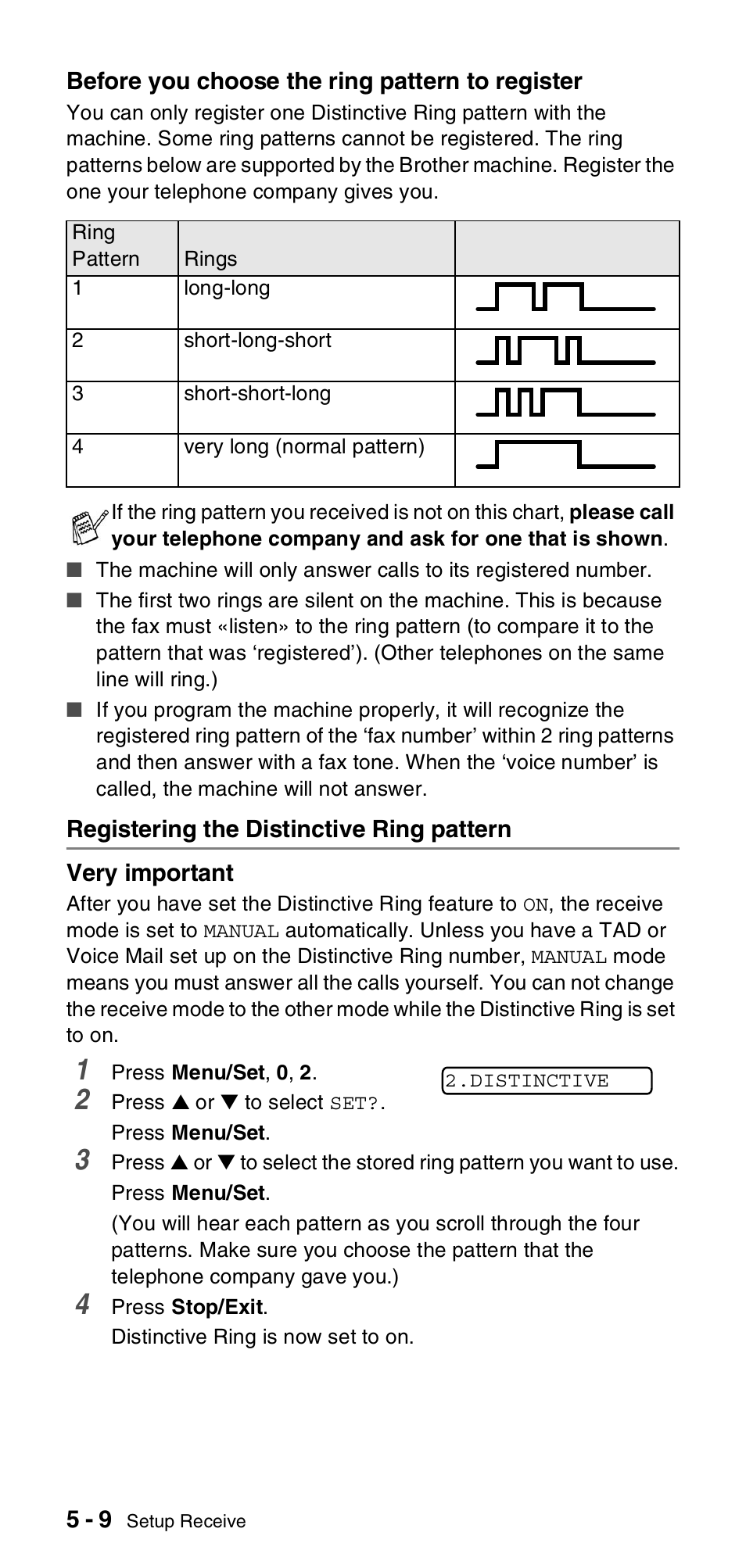 Registering the distinctive ring pattern, Registering the distinctive ring pattern -9 | Brother FAX-575 User Manual | Page 52 / 114