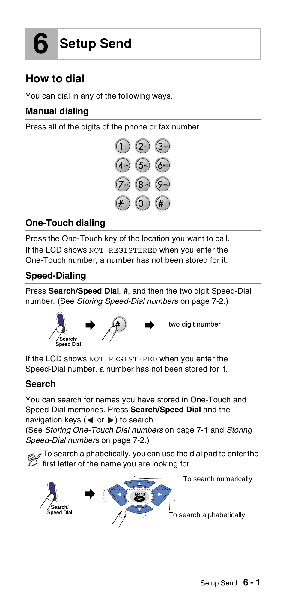 6 setup send, How to dial, Manual dialing | One-touch dialing, Speed-dialing, Search, Setup send, How to dial -1, Search -1 | Brother FAX-575 User Manual | Page 57 / 114