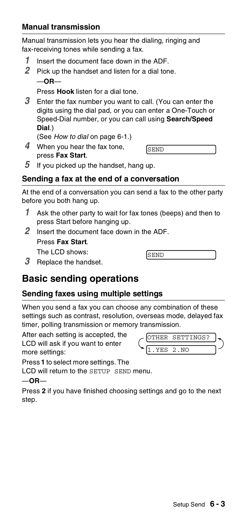 Manual transmission, Sending a fax at the end of a conversation, Basic sending operations | Sending faxes using multiple settings, Basic sending operations -3, Sending faxes using multiple settings -3 | Brother FAX-575 User Manual | Page 59 / 114