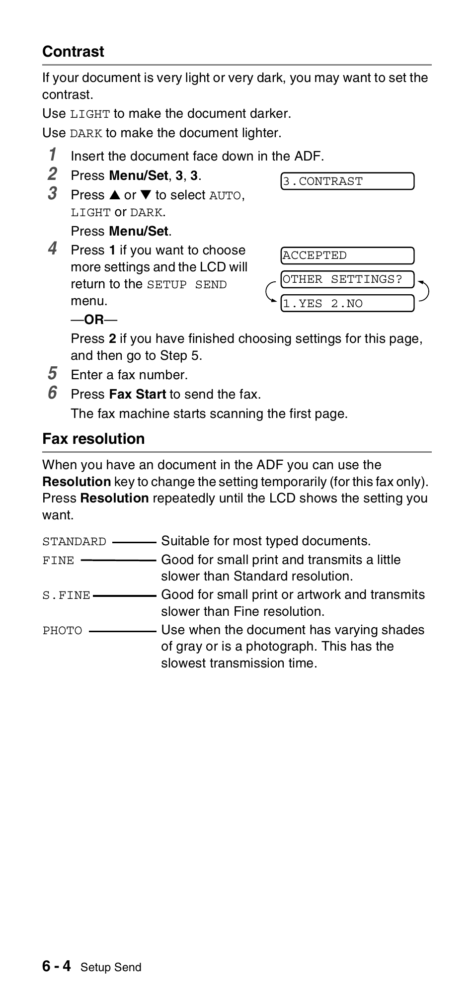 Contrast, Fax resolution, Contrast -4 fax resolution -4 | Brother FAX-575 User Manual | Page 60 / 114