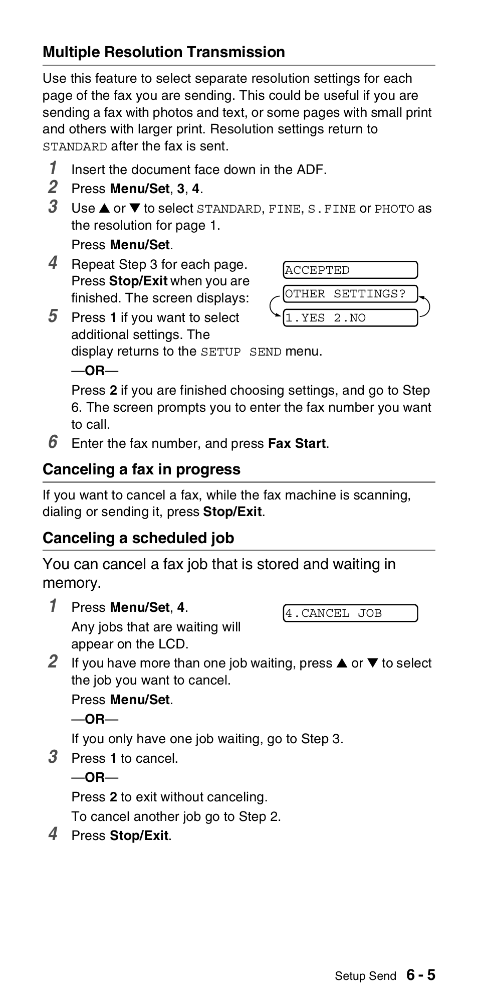 Multiple resolution transmission, Canceling a fax in progress, Canceling a scheduled job | Brother FAX-575 User Manual | Page 61 / 114