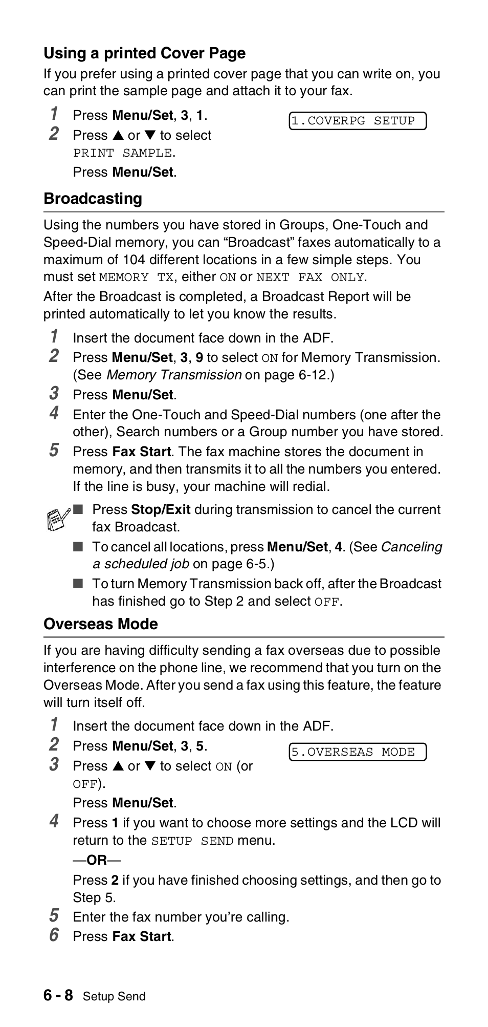 Broadcasting, Overseas mode, Broadcasting -8 overseas mode -8 | Brother FAX-575 User Manual | Page 64 / 114