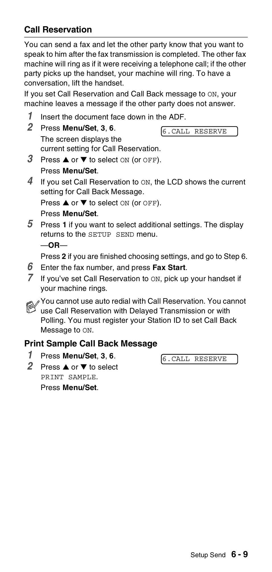 Call reservation, Call reservation -9 | Brother FAX-575 User Manual | Page 65 / 114