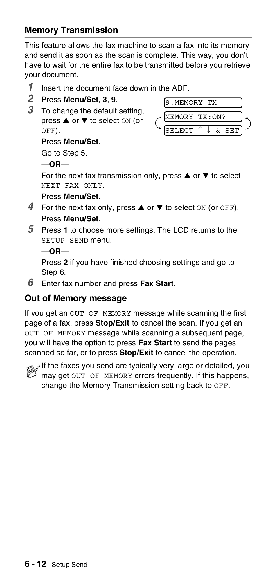 Memory transmission, Out of memory message, Memory transmission -12 out of memory message -12 | Brother FAX-575 User Manual | Page 68 / 114