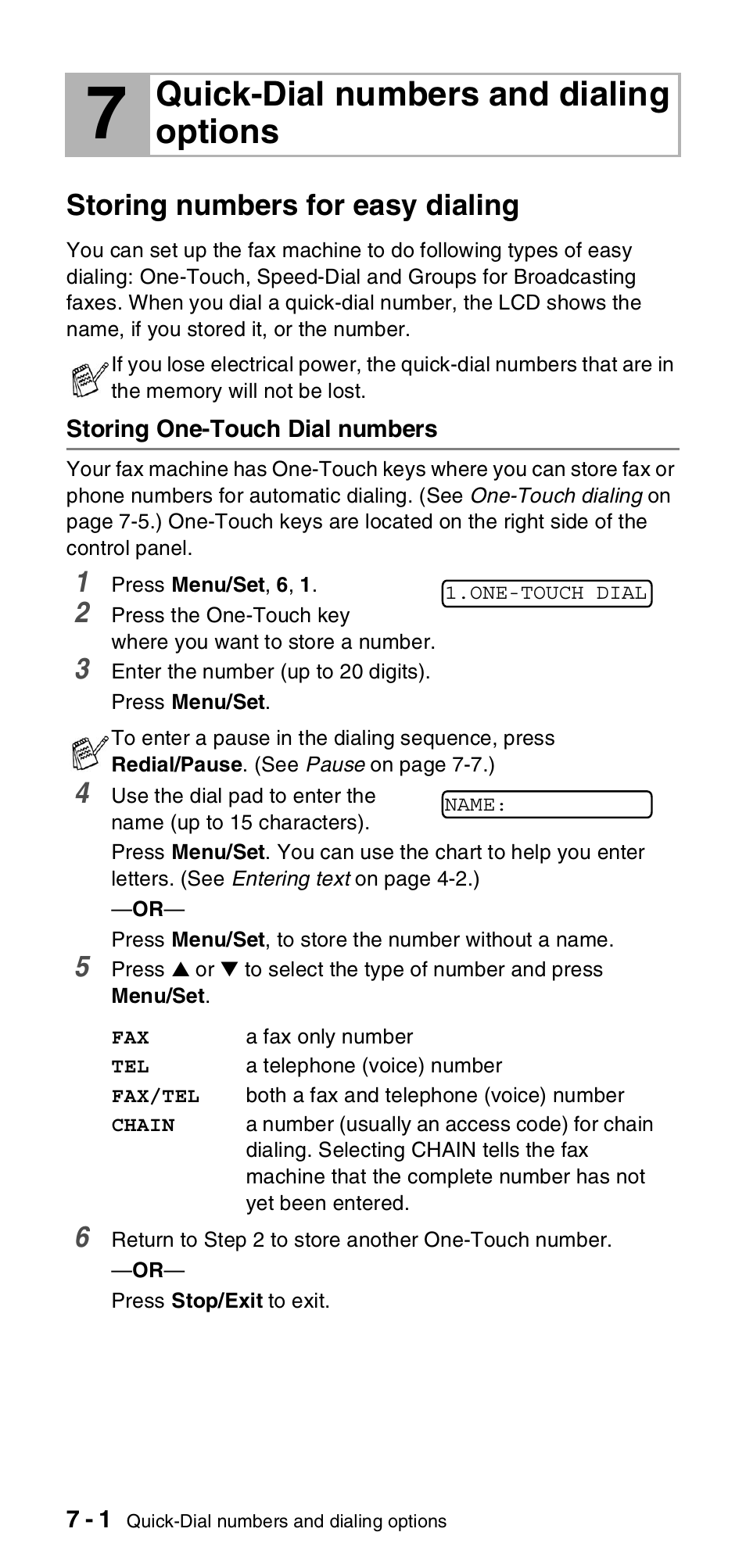 7 quick-dial numbers and dialing options, Storing numbers for easy dialing, Storing one-touch dial numbers | Quick-dial numbers and dialing options, Storing numbers for easy dialing -1, Storing one-touch dial numbers -1 | Brother FAX-575 User Manual | Page 70 / 114