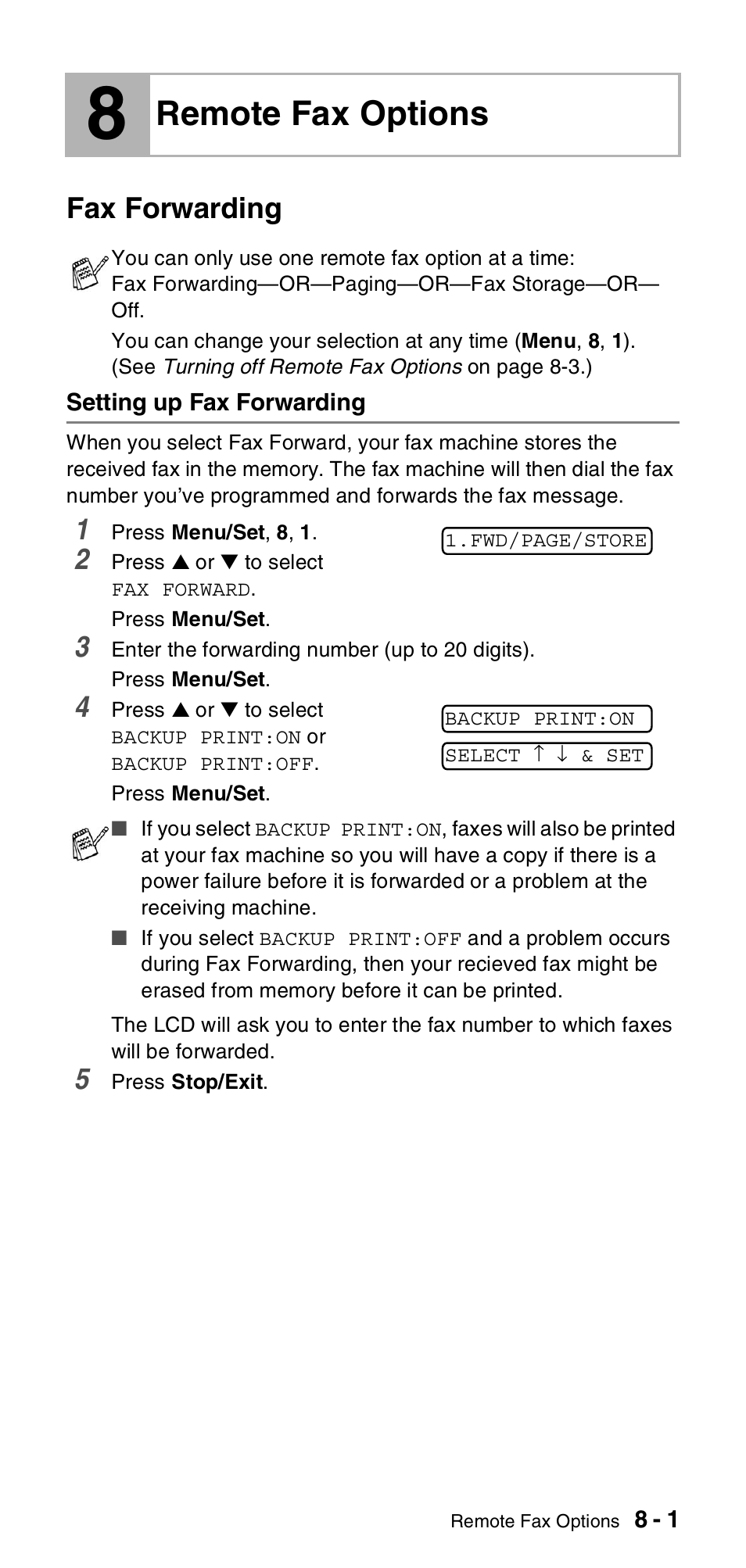 8 remote fax options, Fax forwarding, Setting up fax forwarding | Remote fax options, Fax forwarding -1, Setting up fax forwarding -1 | Brother FAX-575 User Manual | Page 77 / 114