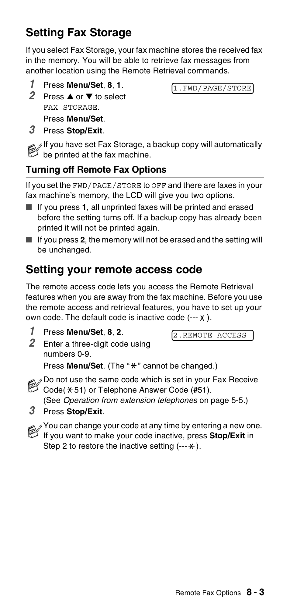 Setting fax storage, Turning off remote fax options, Setting your remote access code | Setting fax storage -3, Turning off remote fax options -3, Setting your remote access code -3 | Brother FAX-575 User Manual | Page 79 / 114