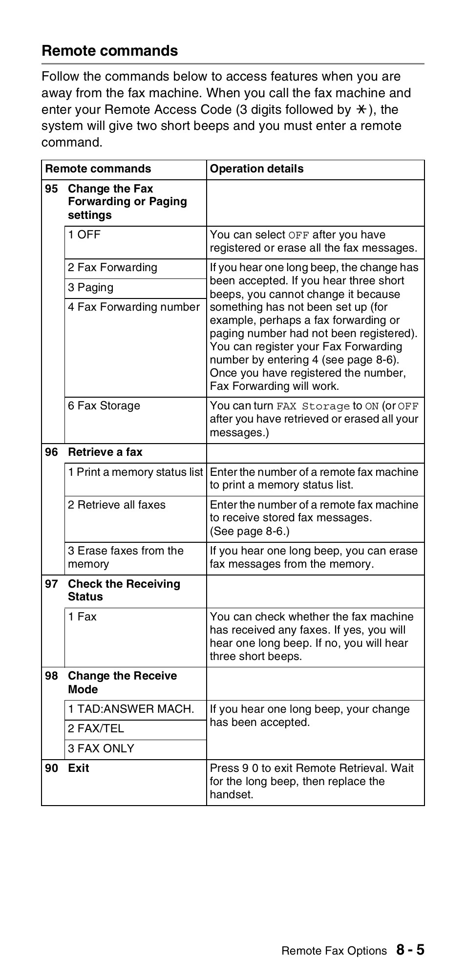 Remote commands, Remote commands -5, 8 - 5 remote commands | Brother FAX-575 User Manual | Page 81 / 114