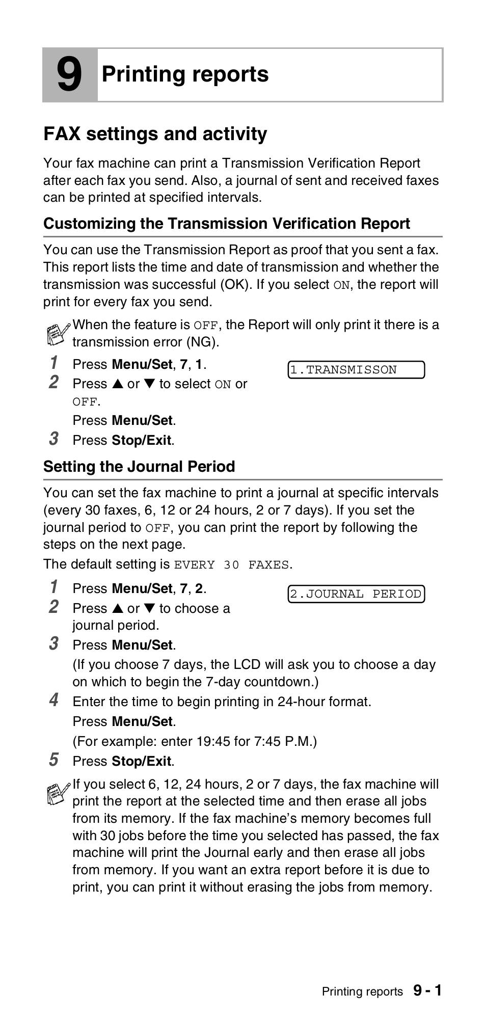 9 printing reports, Fax settings and activity, Customizing the transmission verification report | Setting the journal period, Printing reports, Fax settings and activity -1 | Brother FAX-575 User Manual | Page 83 / 114