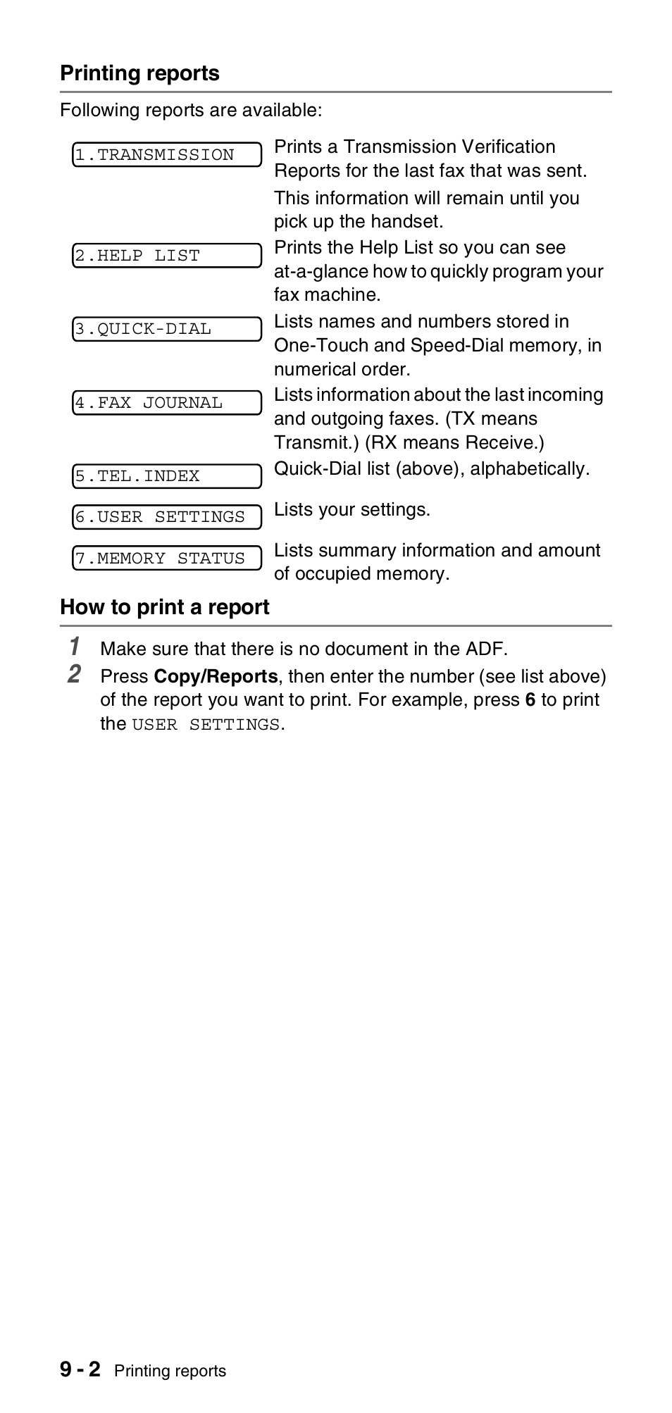 Printing reports, How to print a report, Printing reports -2 how to print a report -2 | Brother FAX-575 User Manual | Page 84 / 114