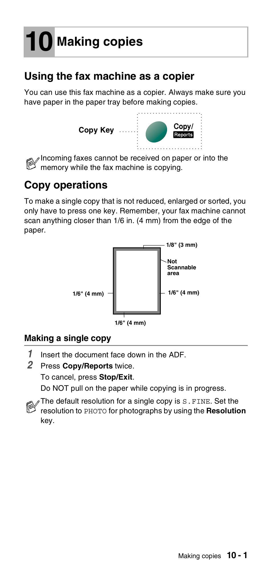 10 making copies, Using the fax machine as a copier, Copy operations | Making a single copy, Making copies, Making a single copy -1 | Brother FAX-575 User Manual | Page 85 / 114