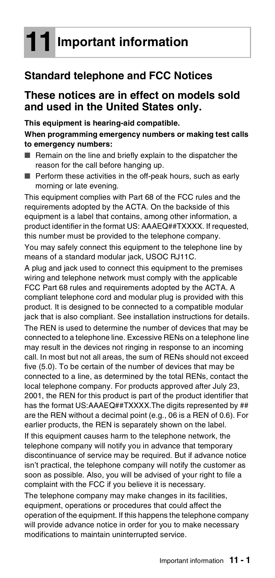 11 important information, Standard telephone and fcc notices, Important information | Used in the united states only -1 | Brother FAX-575 User Manual | Page 87 / 114