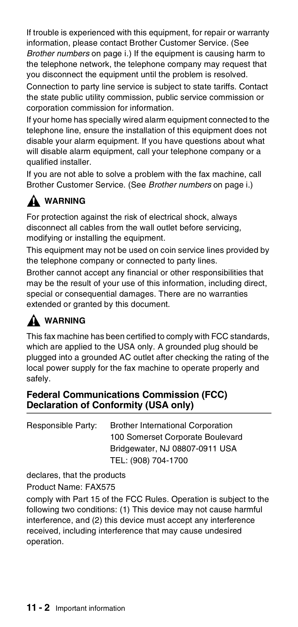 Federal communications commission (fcc), Declaration of conformity (usa only) -2 | Brother FAX-575 User Manual | Page 88 / 114