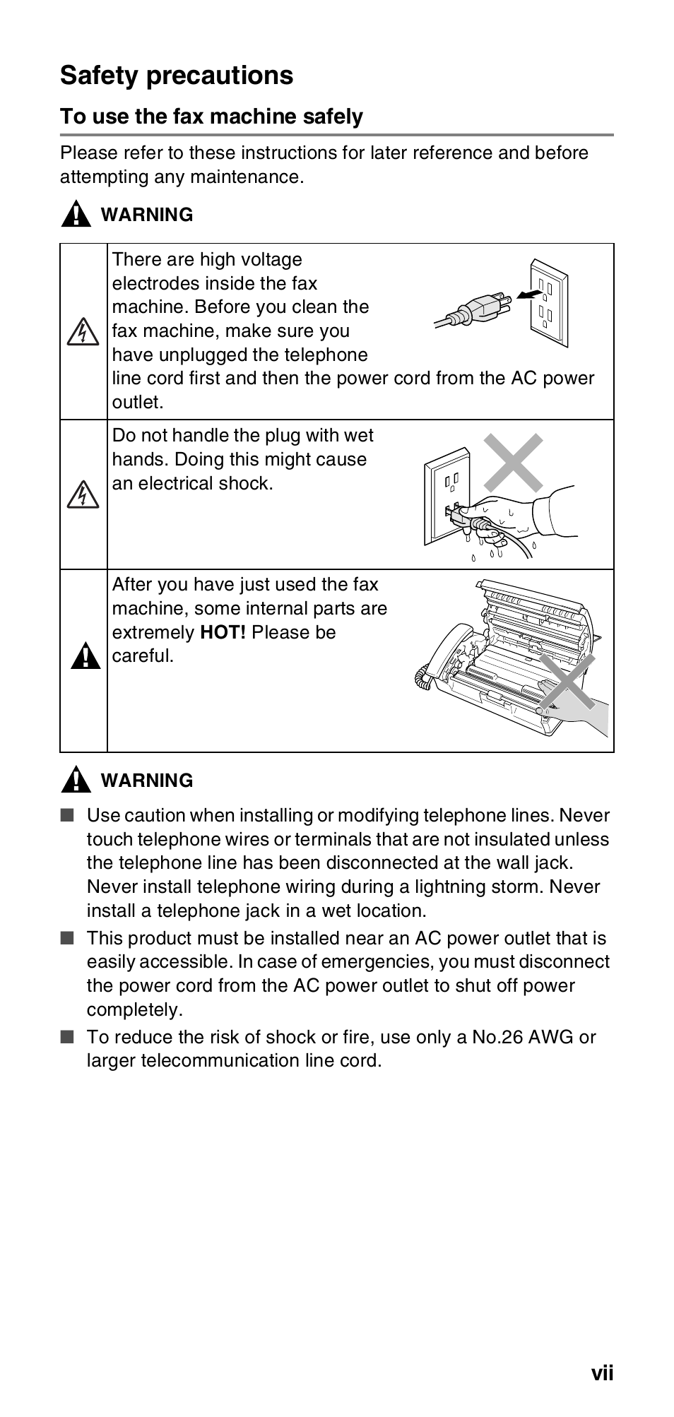 Safety precautions, To use the fax machine safely | Brother FAX-575 User Manual | Page 9 / 114