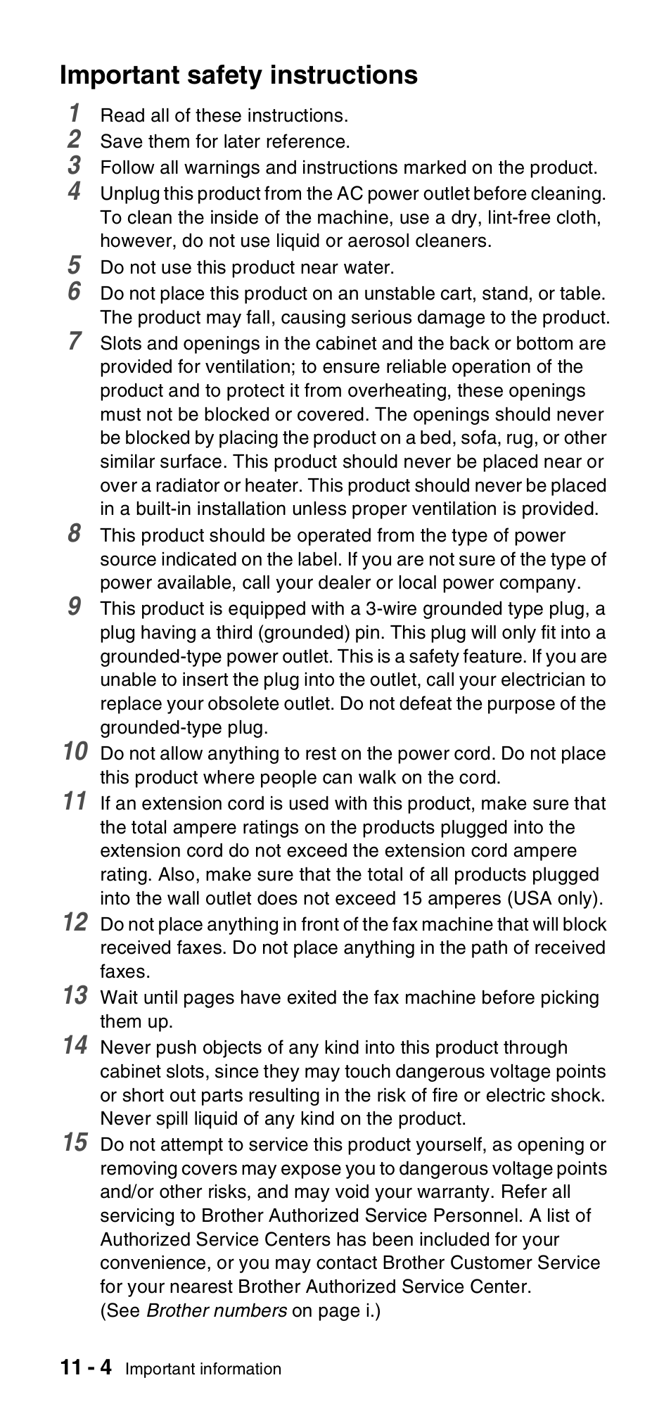 Important safety instructions, Important safety instructions -4, Important safety instructions 1 | Brother FAX-575 User Manual | Page 90 / 114