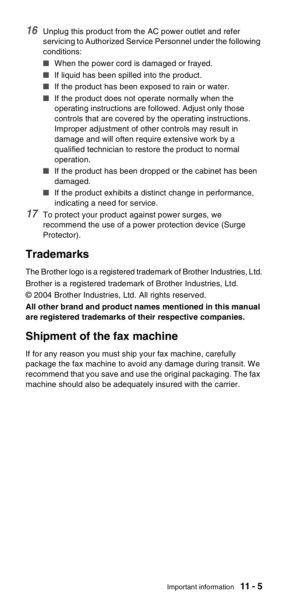 Trademarks, Shipment of the fax machine, Shipment of the fax machine -5 | Brother FAX-575 User Manual | Page 91 / 114