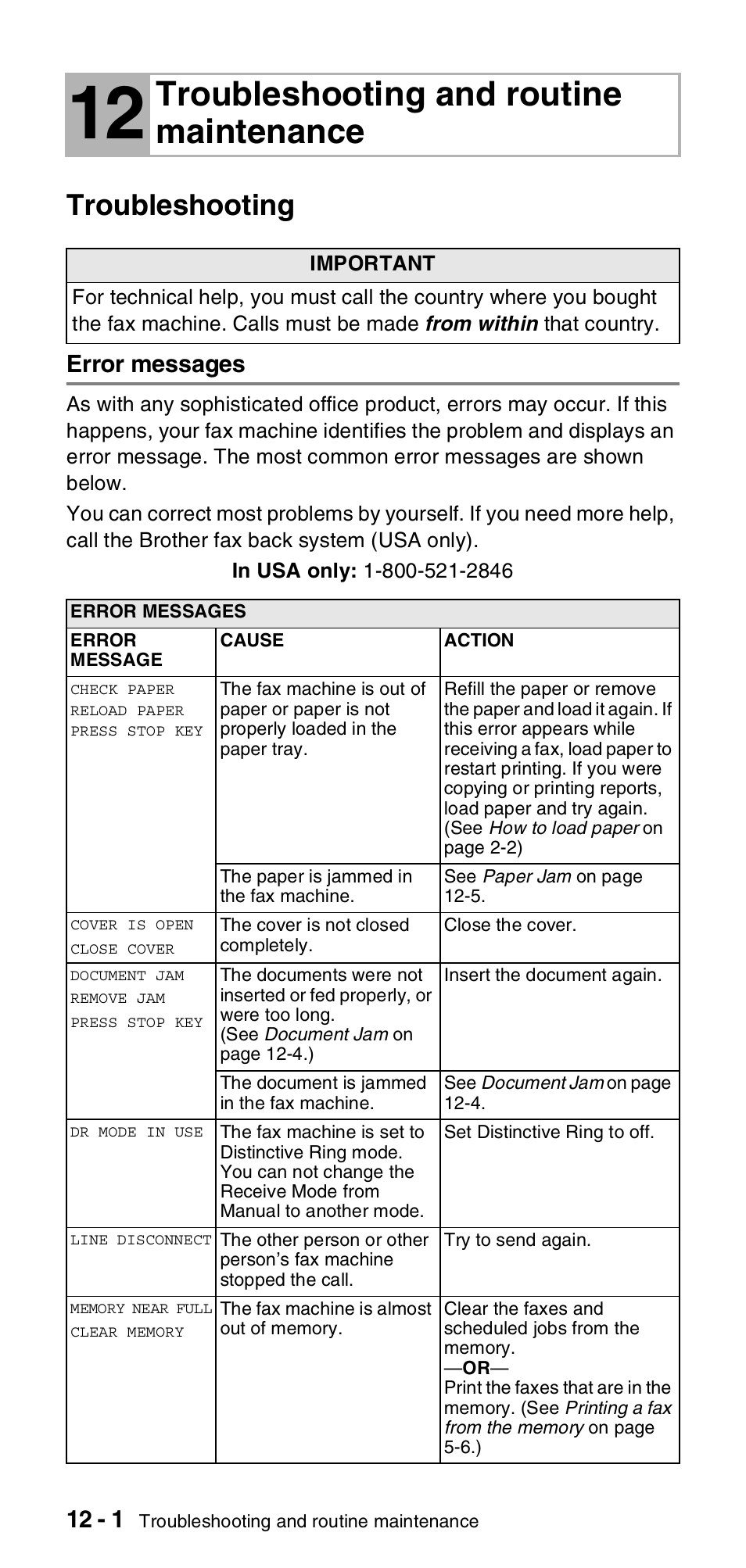 12 troubleshooting and routine maintenance, Troubleshooting, Error messages | Troubleshooting and routine maintenance, Troubleshooting -1, Error messages -1 | Brother FAX-575 User Manual | Page 92 / 114