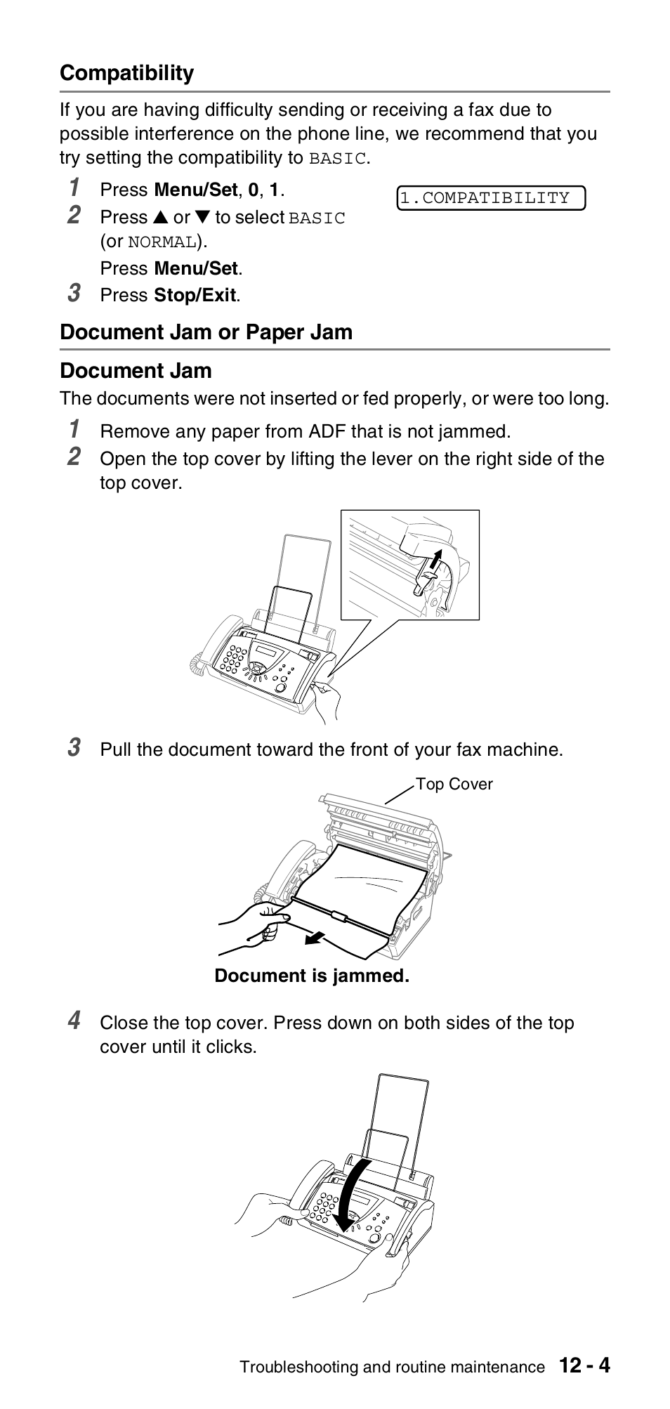 Compatibility, Document jam or paper jam, Compatibility -4 document jam or paper jam -4 | Brother FAX-575 User Manual | Page 95 / 114