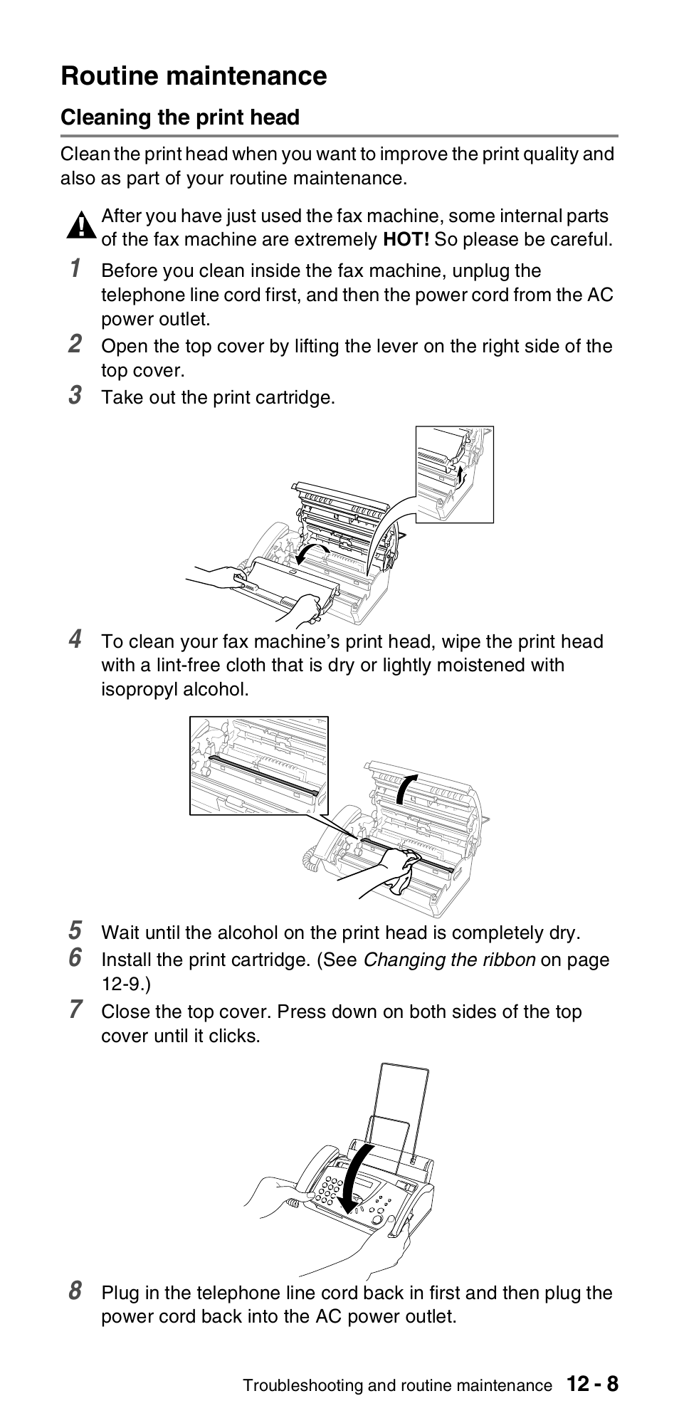 Routine maintenance, Cleaning the print head, Routine maintenance -8 | Cleaning the print head -8 | Brother FAX-575 User Manual | Page 99 / 114