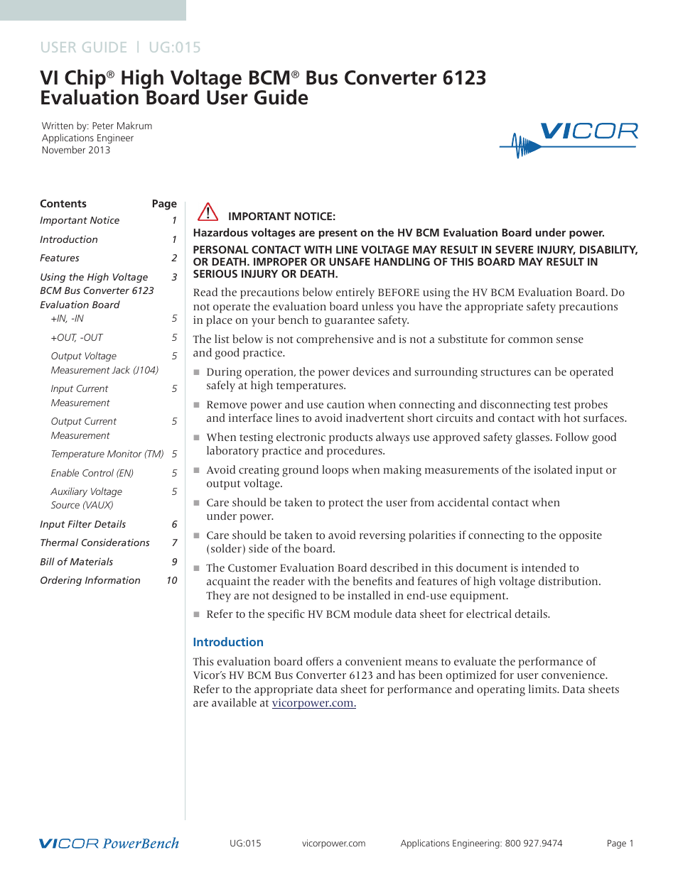 Vicor VI Chip High Voltage BCM Bus Converter 6123 Evaluation Board User Manual | 10 pages