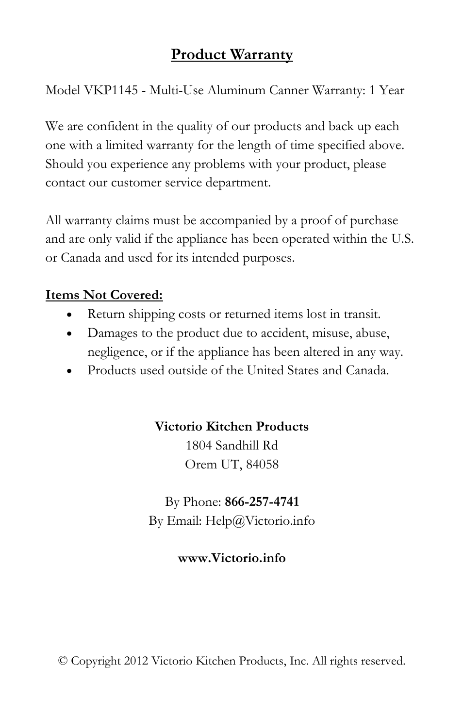 Product warranty | Victorio VKP1145 Aluminum Canner User Manual | Page 20 / 20