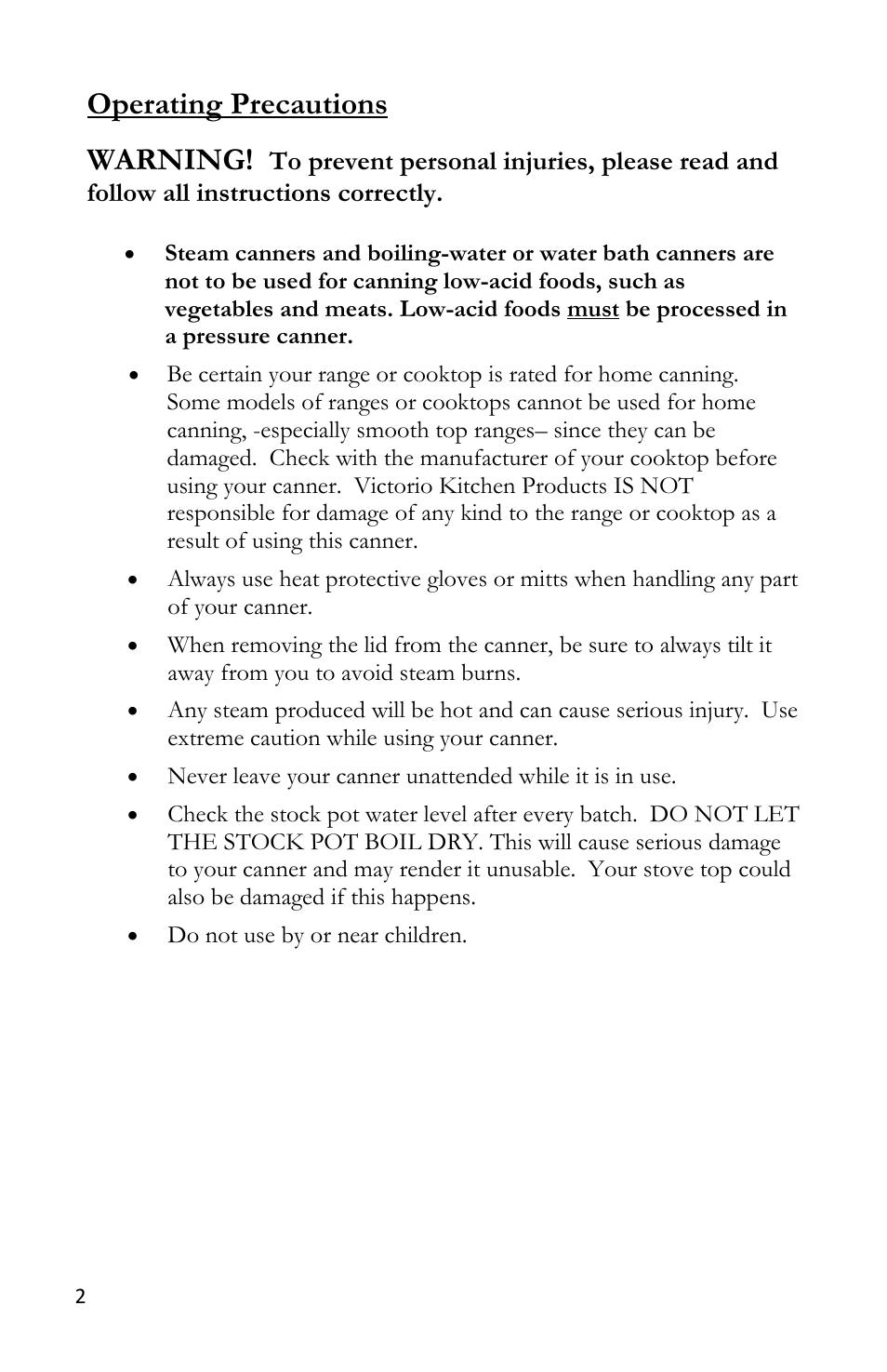 Operating precautions warning | Victorio VKP1145 Aluminum Canner User Manual | Page 4 / 20