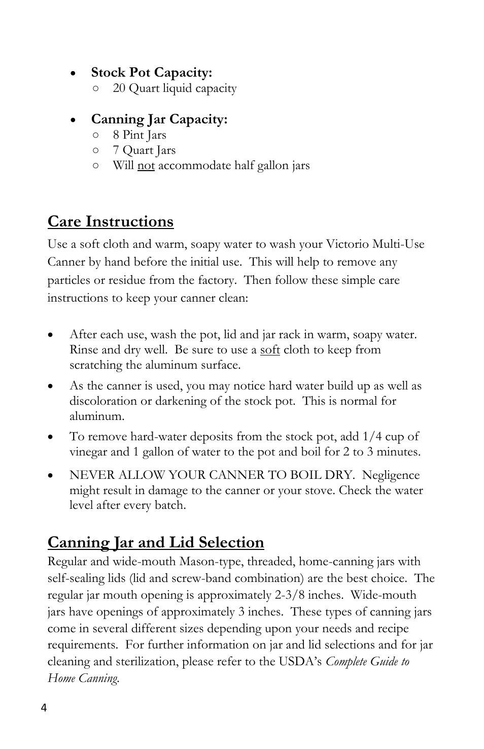 Care instructions, Canning jar and lid selection | Victorio VKP1145 Aluminum Canner User Manual | Page 6 / 20