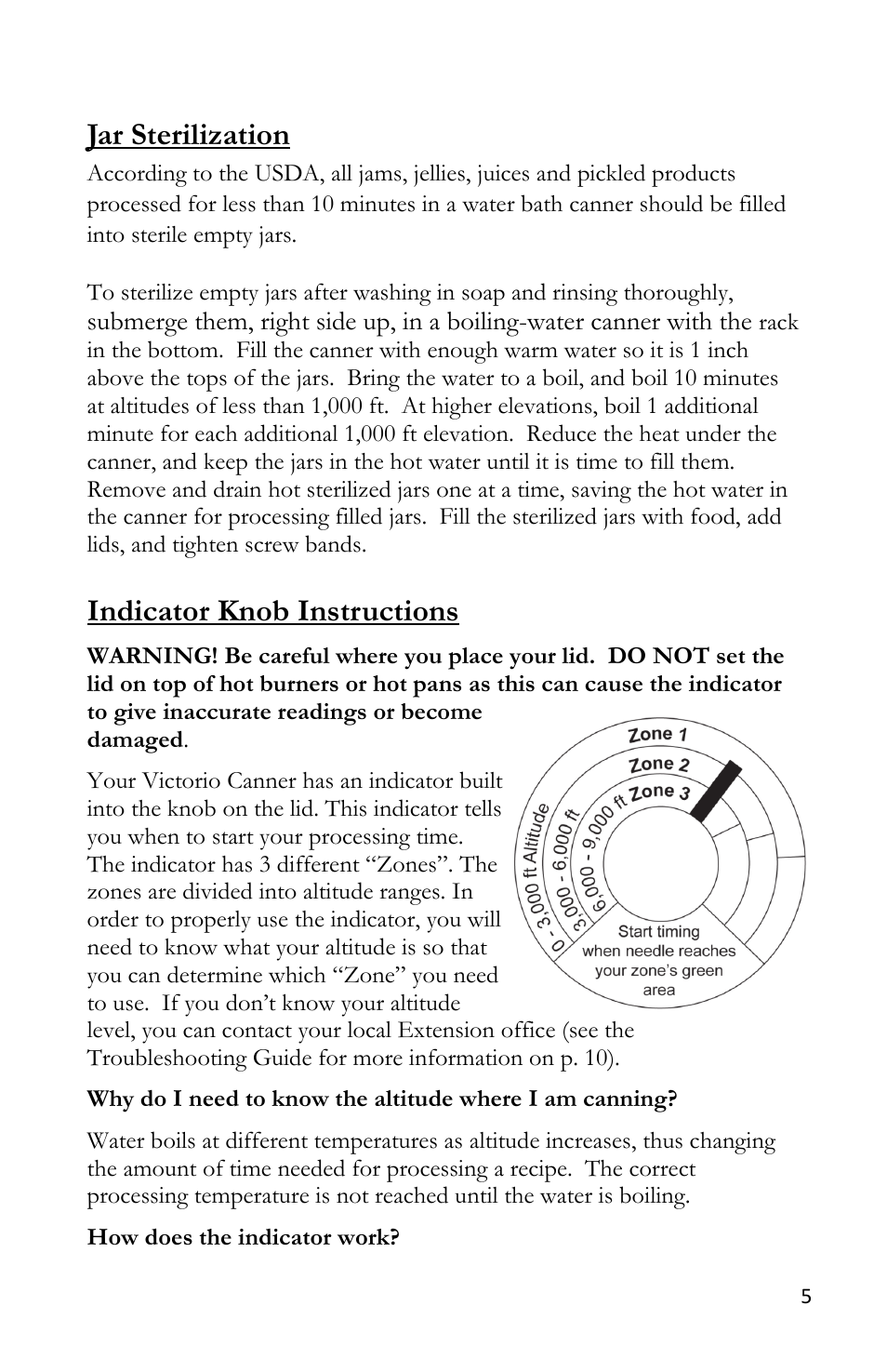 Jar sterilization, Indicator knob instructions | Victorio VKP1145 Aluminum Canner User Manual | Page 7 / 20