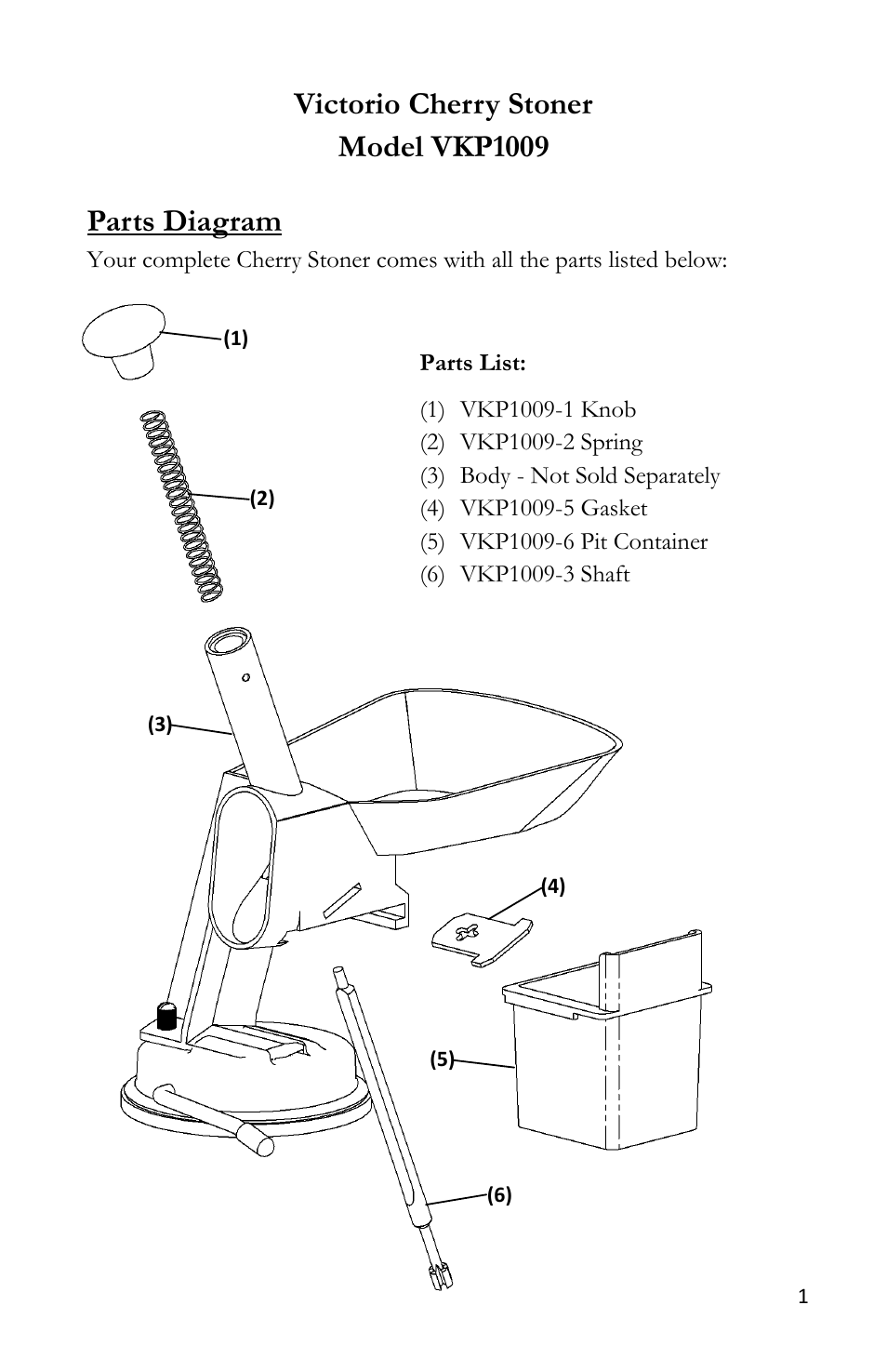 Victorio cherry stoner model vkp1009, Parts diagram | Victorio VKP1009 Cherry Stoner User Manual | Page 3 / 8