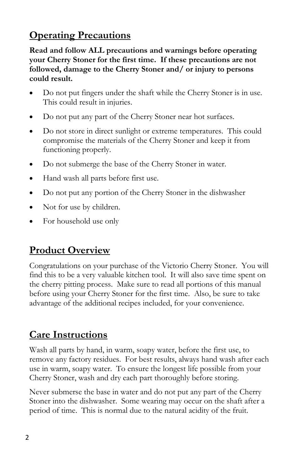 Operating precautions, Product overview, Care instructions | Victorio VKP1009 Cherry Stoner User Manual | Page 4 / 8