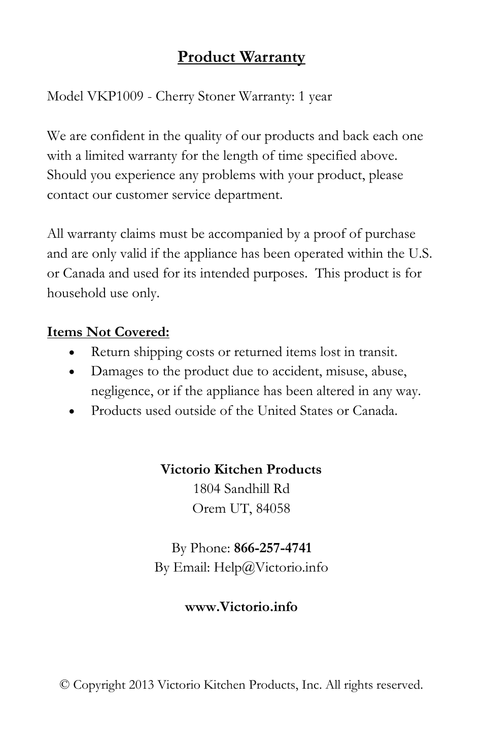 Product warranty | Victorio VKP1009 Cherry Stoner User Manual | Page 8 / 8