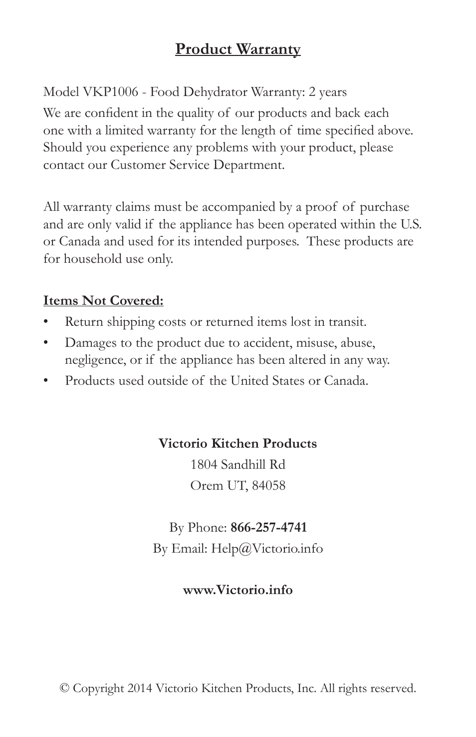 Product warranty | Victorio VKP1006 Food Dehydrator User Manual | Page 20 / 20