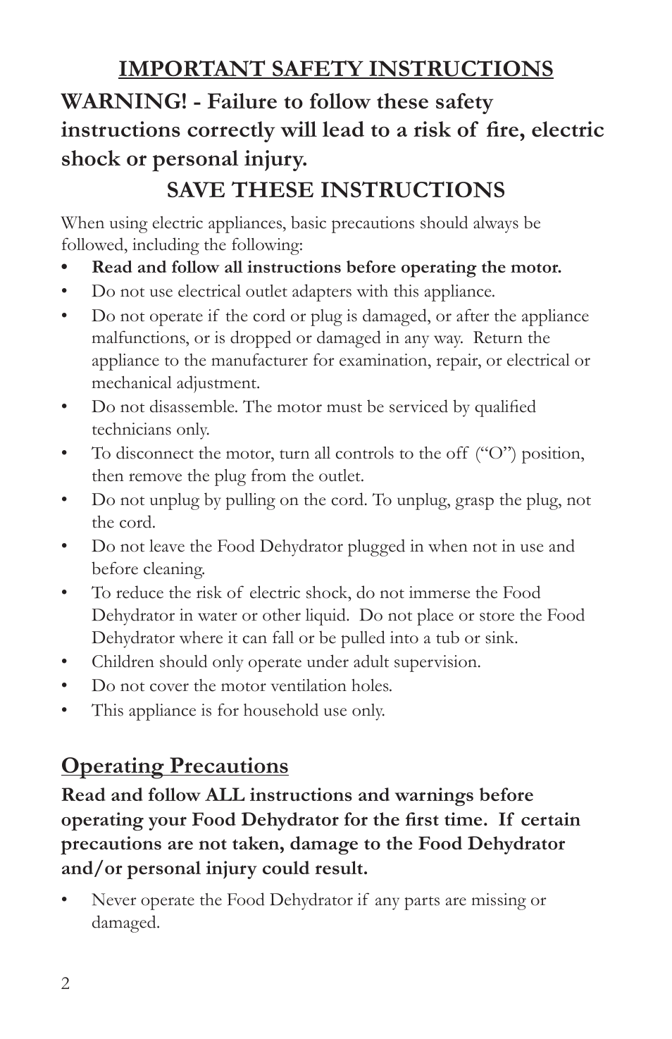 Operating precautions | Victorio VKP1006 Food Dehydrator User Manual | Page 4 / 20