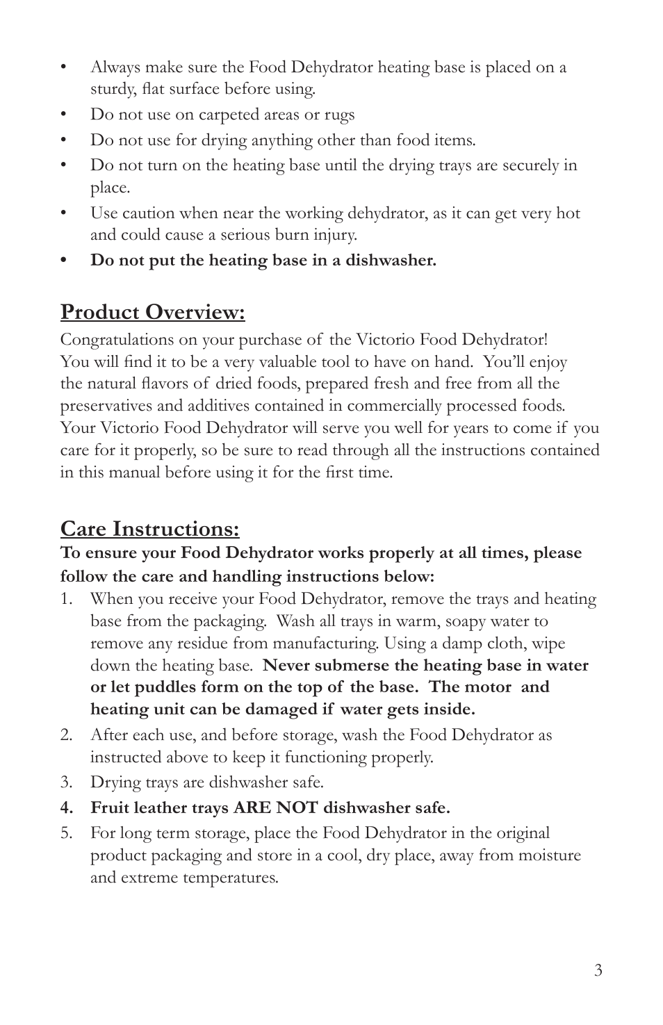 Product overview, Care instructions | Victorio VKP1006 Food Dehydrator User Manual | Page 5 / 20
